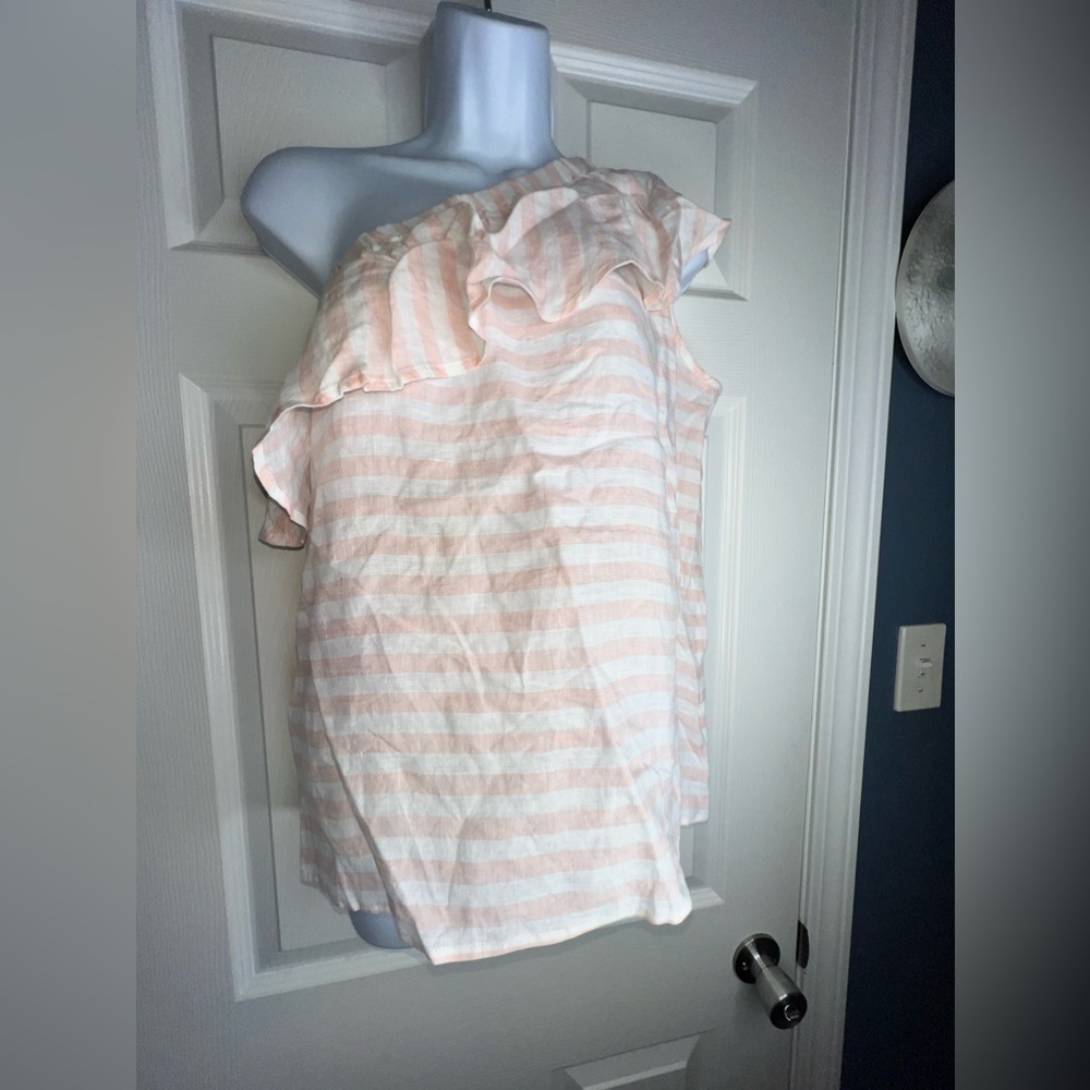NWT Vince Camuto Womens X Small Linen Pink Stripe Adair One Shoulder Top XS - Picture 4 of 11